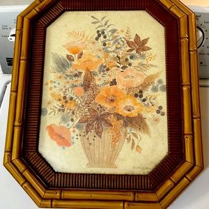 VTG 1981 Gloria Eriksen floral art signed lithograph faux bamboo frame